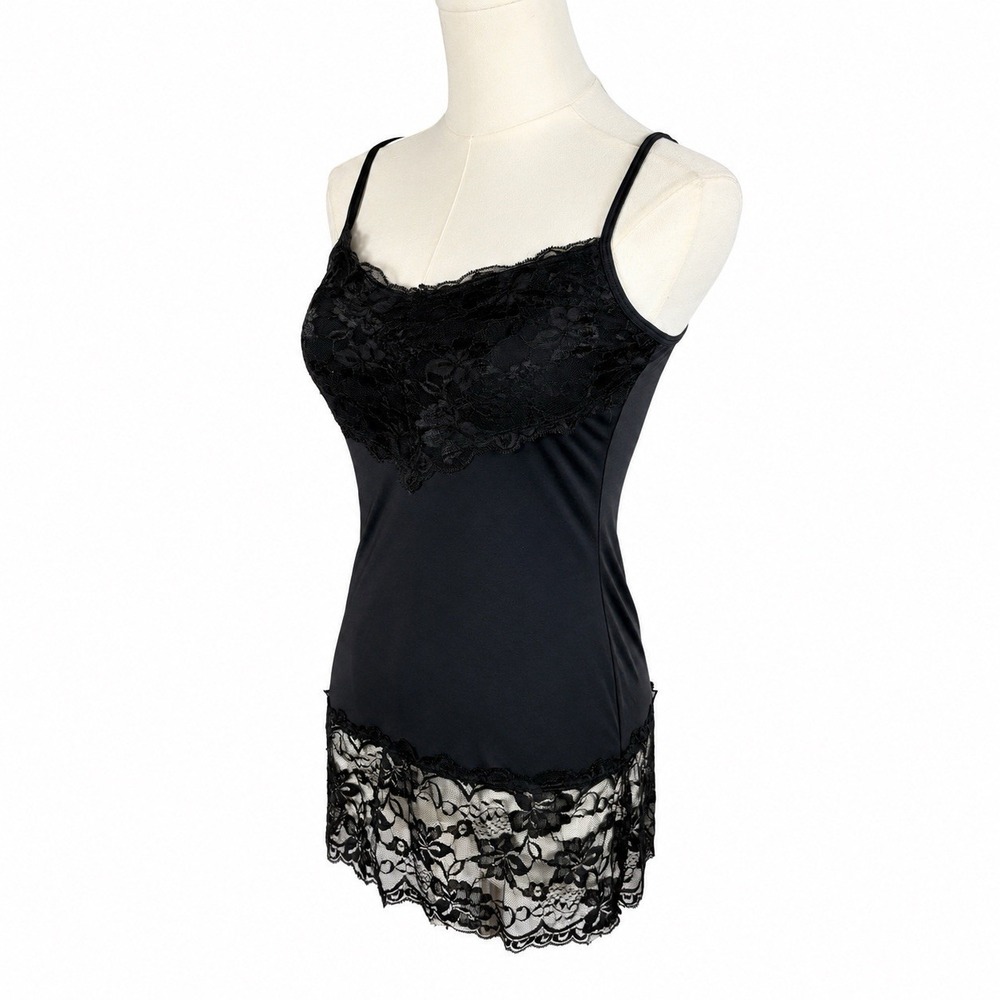 Black Lace Trim Knit Cami Tank Top Size XS Y2K Whimsigoth Fairy Balletcore